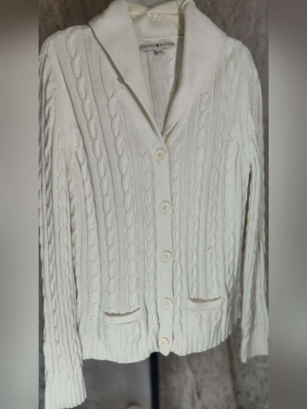 Tommy Hilfiger Cream Cable-Knit Shawl Collar Fisherman Cardigan Sweater